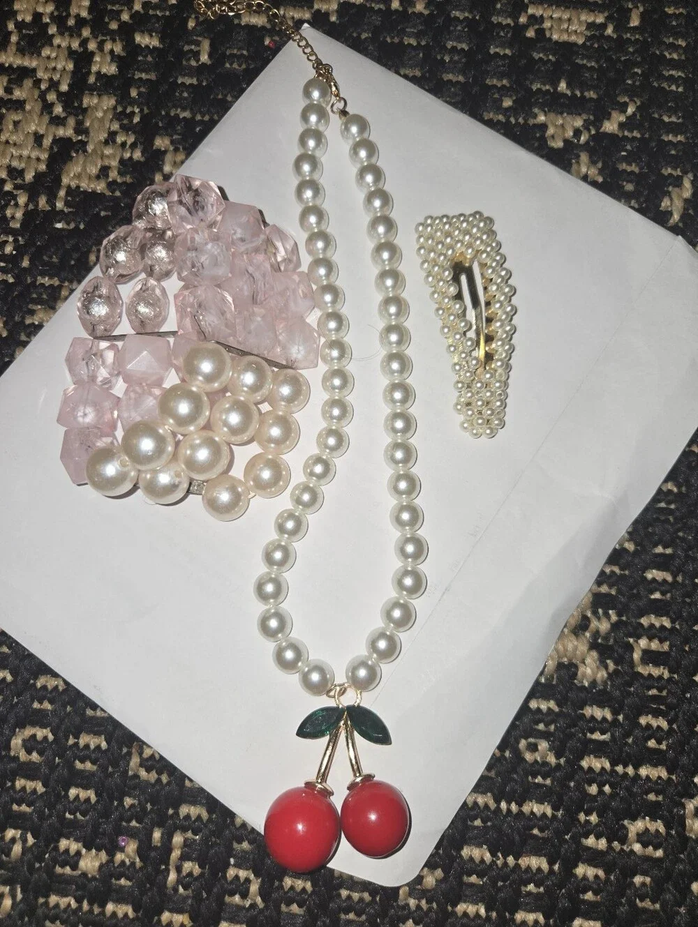 Pearl Necklace with Red Cherry Pendant by
